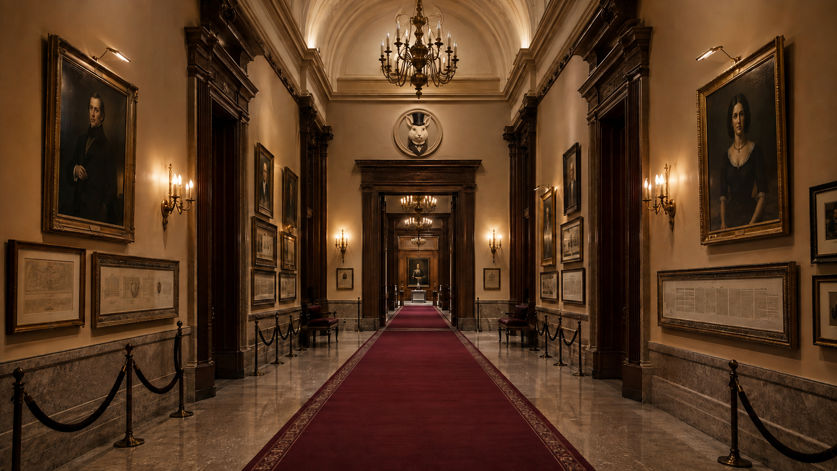 Illustrated placeholder of a grand civic gallery interior with an illuminated institutional seal